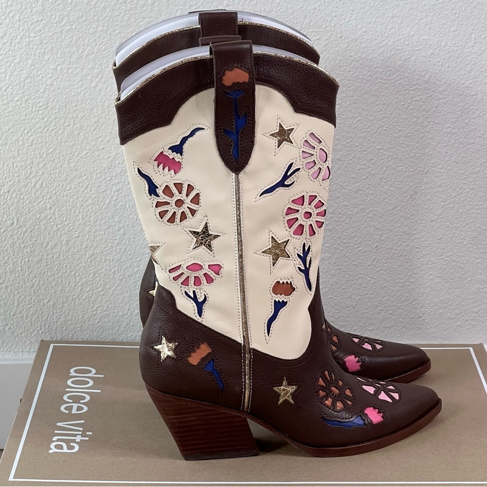 Dolce Vita Floral Cutout Western Cowboy Boots Heeled Leather 7.5 NWT - Picture 3 of 8